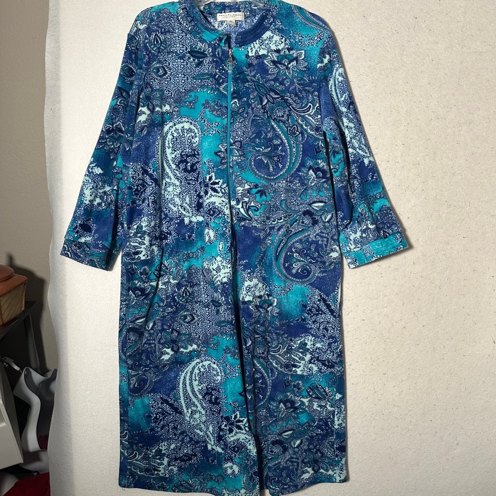 Miss Elaine Petites Blue Paisley Zip Front Robe Housecoat Size PL